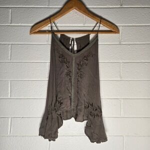 Alythea Embroidered Neutral Tank Top Small Brown Oversize Boho Ruffle Hem Hippie
